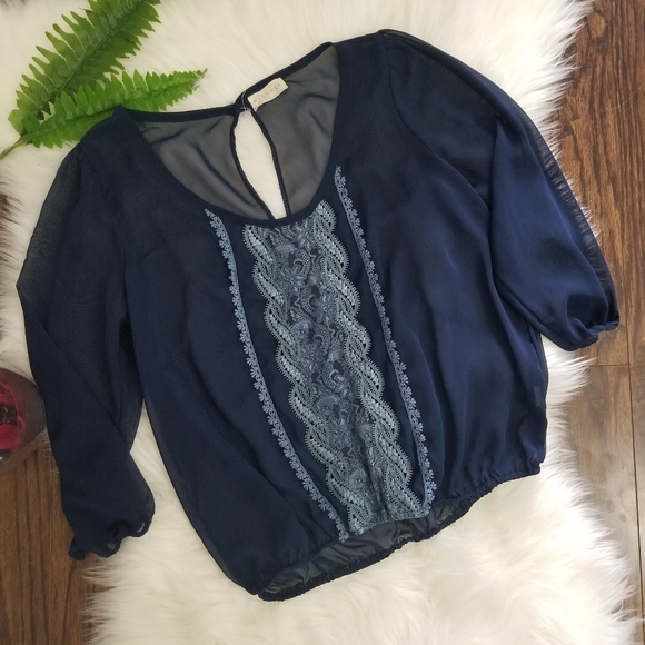 Solemio Tops - Solemio Sheer 3/4 Sleeves Blue Blouse Lace Details